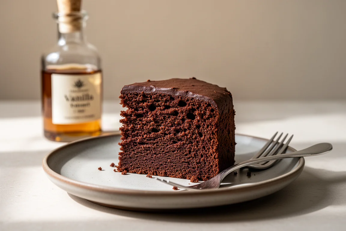 A slice of moist vegan chocolate cake on a plate beside a fork