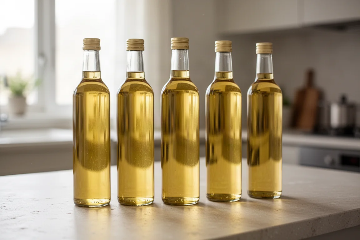 Bottiglie assortite di olio da cucina neutro allineate su un piano di lavoro luminoso