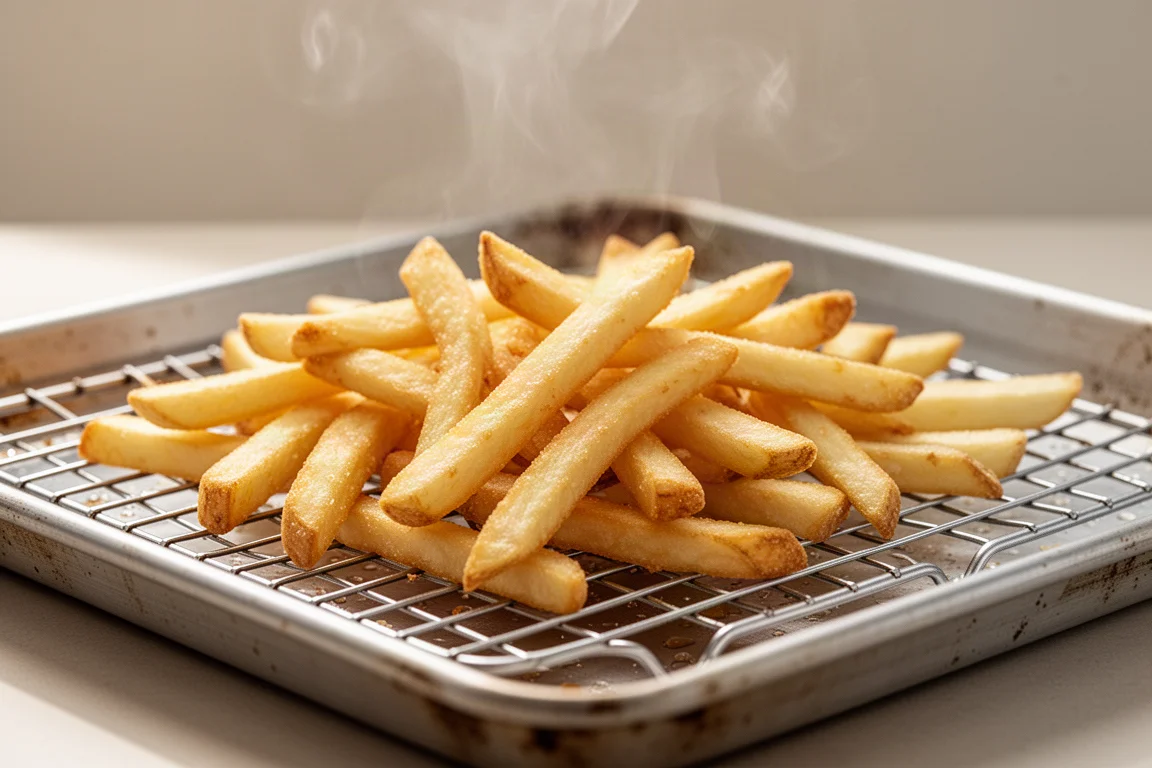 Patatine fritte dorati appena fritti che sgocciolano su una gratella