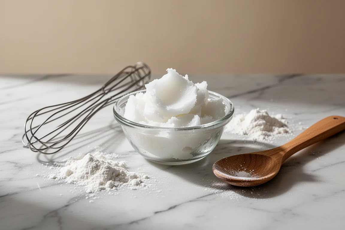 Olio di cocco bianco solido in una piccola ciotola di vetro accanto a ingredienti per dolci