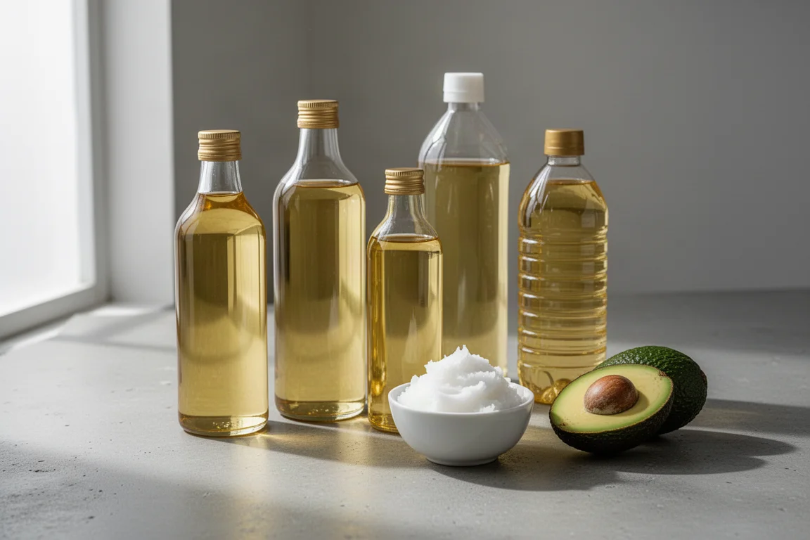 Assorted bottles of neutral cooking oils on a concrete kitchen counter