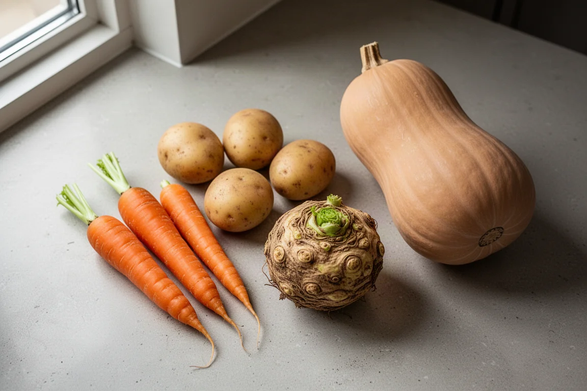 Zanahorias, patatas, apionabo y calabaza frescos dispuestos sobre una encimera de cocina