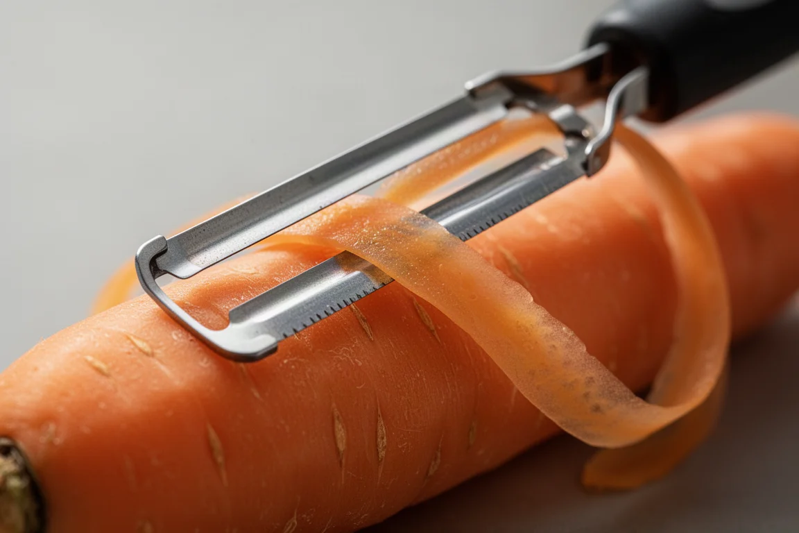 Primer plano de un pelador de verduras retirando una fina tira de piel de zanahoria