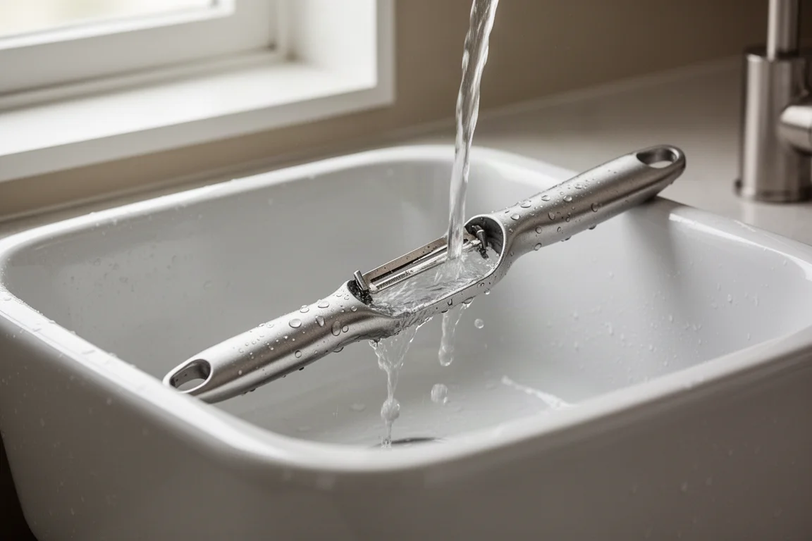 Un pelador enjuagándose bajo el agua corriente en un fregadero de cocina