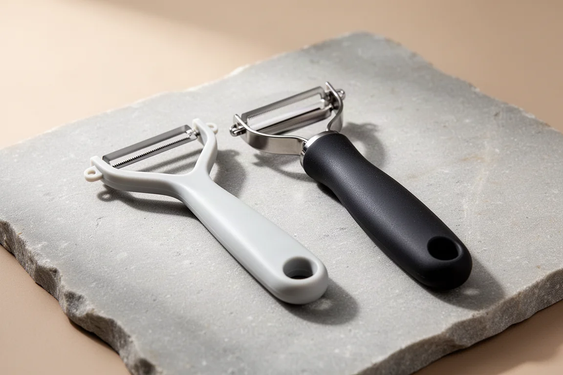 A Y-shaped peeler and a straight-handled peeler side by side on a stone surface
