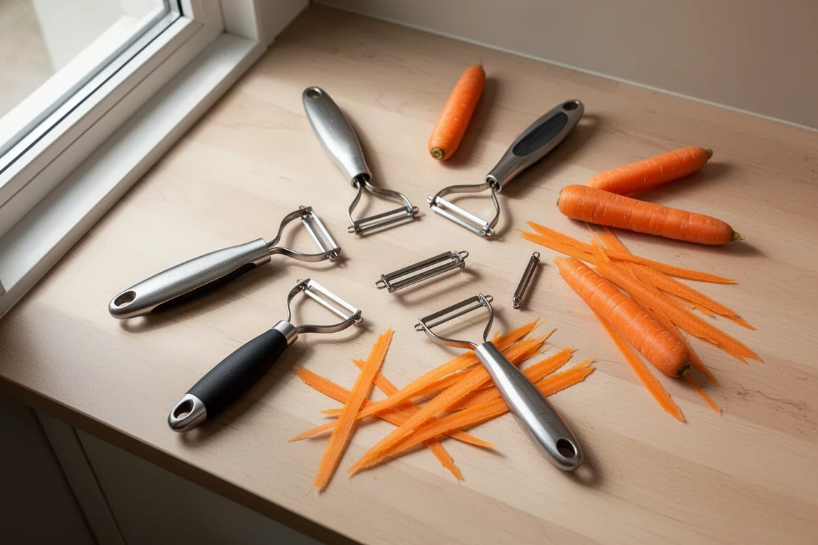 Assorted vegetable peelers laid out on a kitchen counter beside peeled carrots