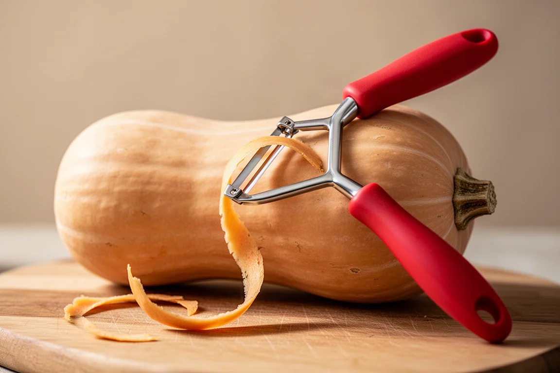 A Y-shaped peeler gliding along the curved neck of a butternut squash