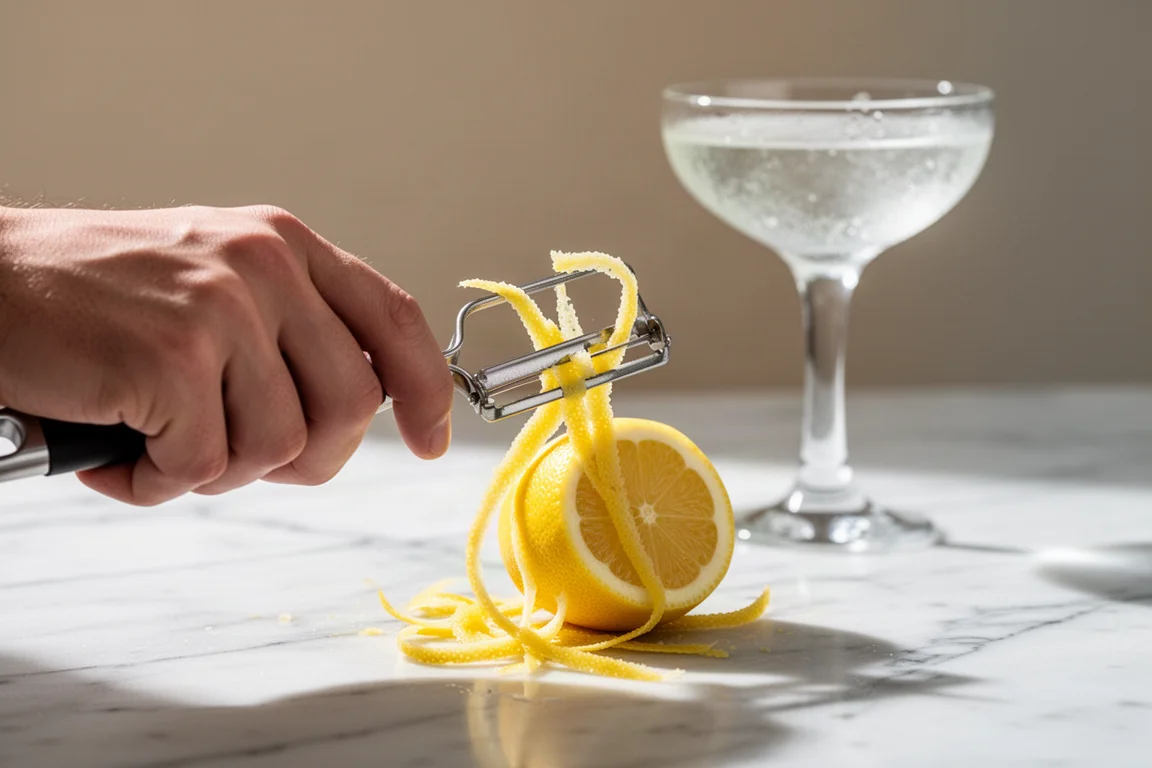 Thin strips of lemon zest being removed with a sharp peeler over a glass