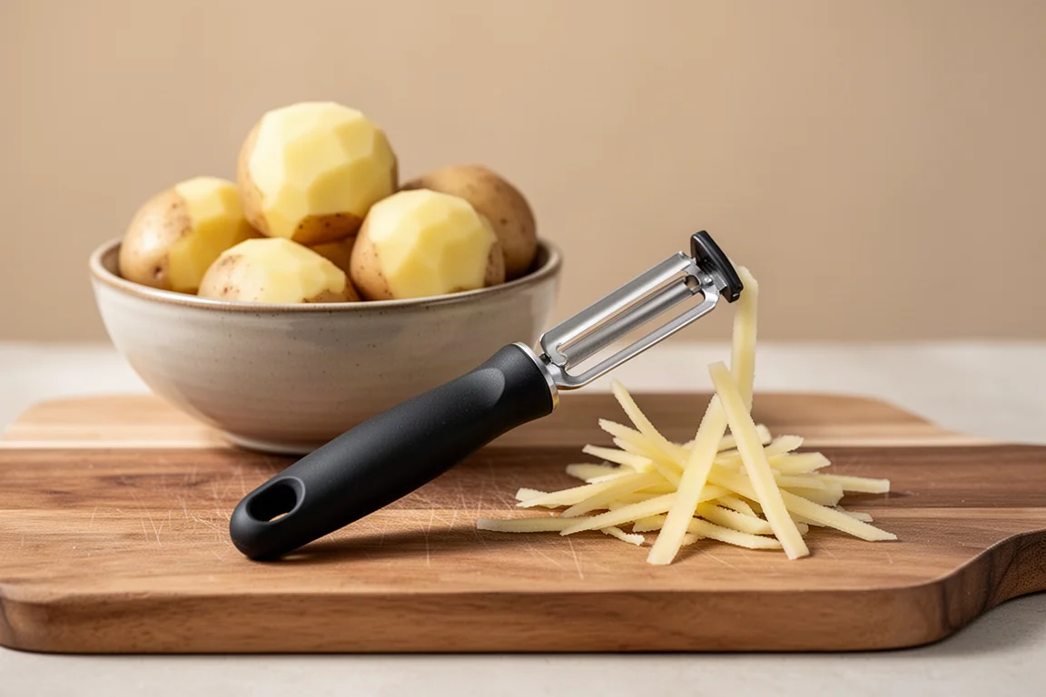 A straight swivel peeler resting on a cutting board with peeled potatoes