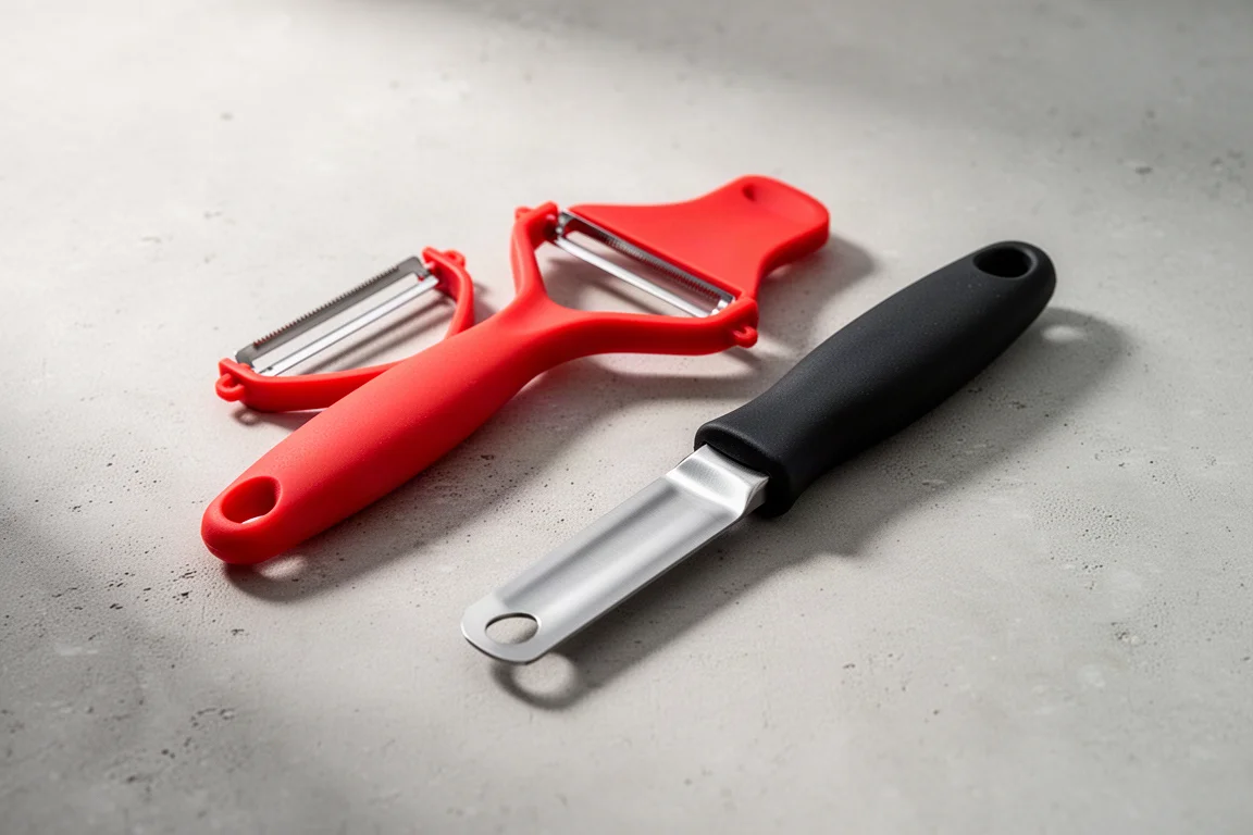A Y-shaped peeler with red handle and a straight peeler with black grip side by side on a grey surface