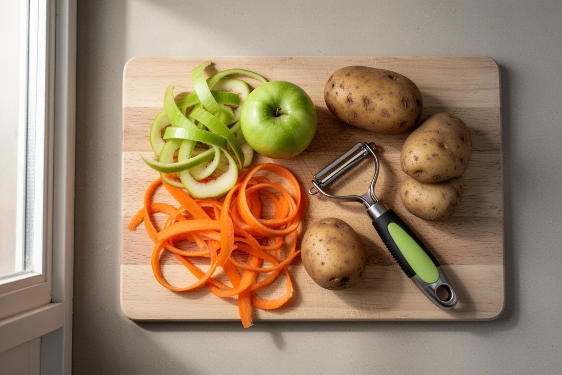 Peladuras de zanahorias, manzanas y patatas dispuestas junto a un pelador sobre una tabla de cortar