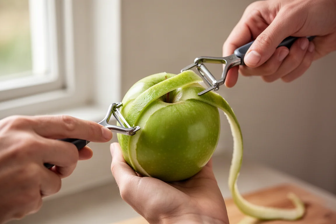 Manos pelando una manzana con un pelador en forma de Y que muestra la hoja al frente