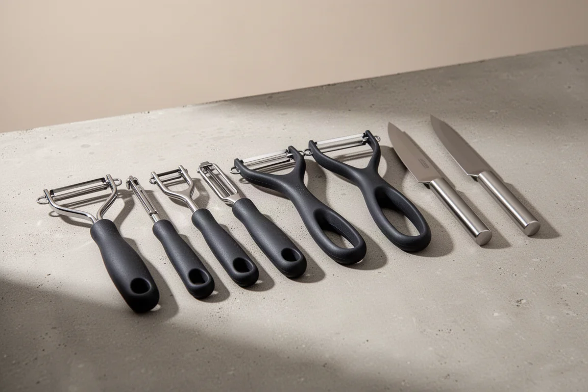 Nine different vegetable peelers arranged in a row on a concrete surface