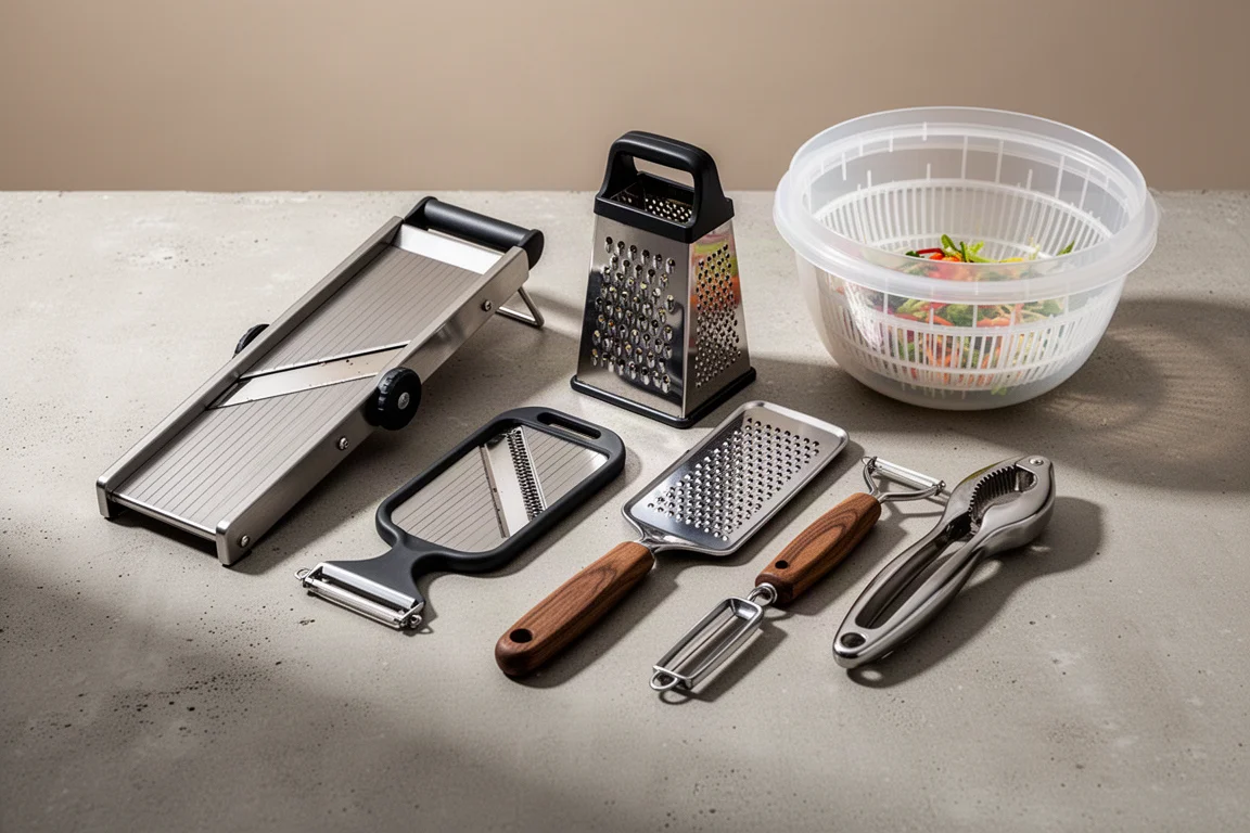 Collection of vegetable prep tools including mandolines, graters, peelers and a garlic press on concrete