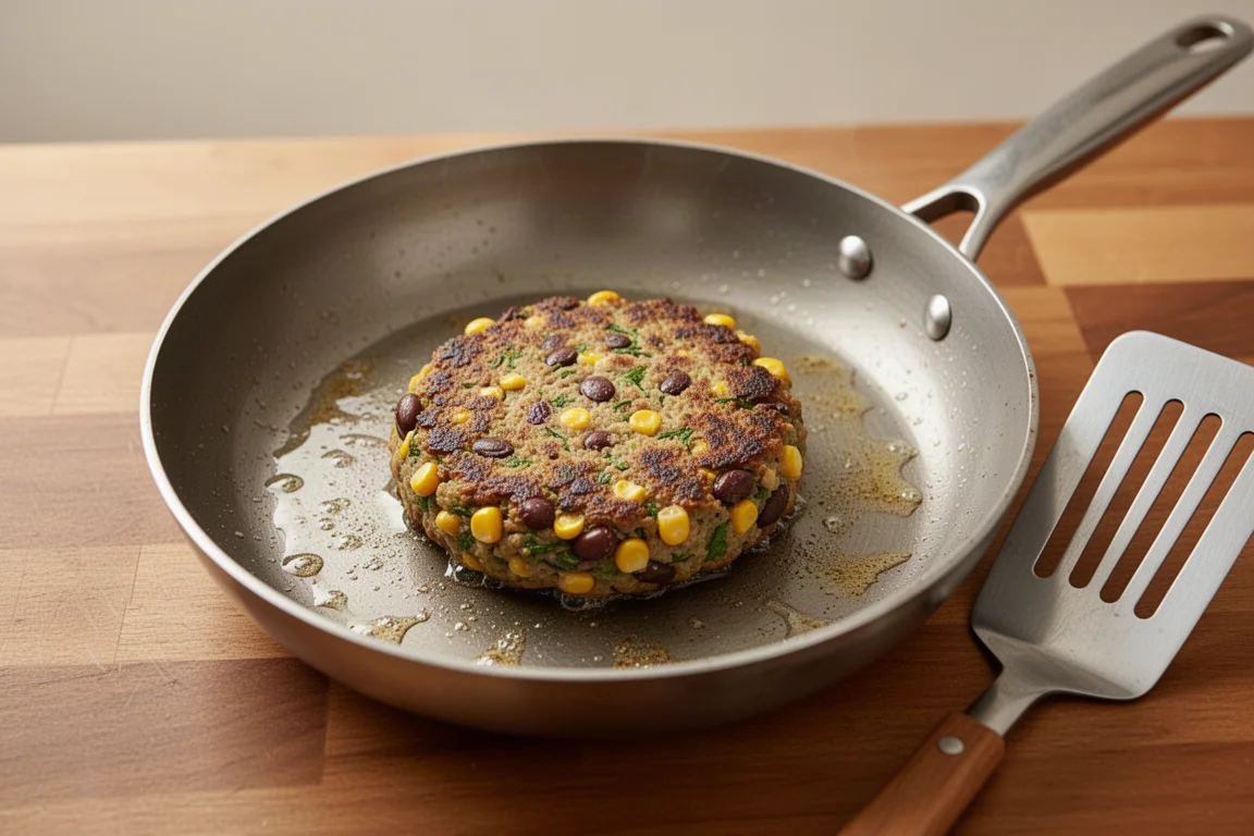 Tiefgekühlte Veggie-Burger-Patties braten in einer Pfanne, mit sichtbaren Gemüsestückchen