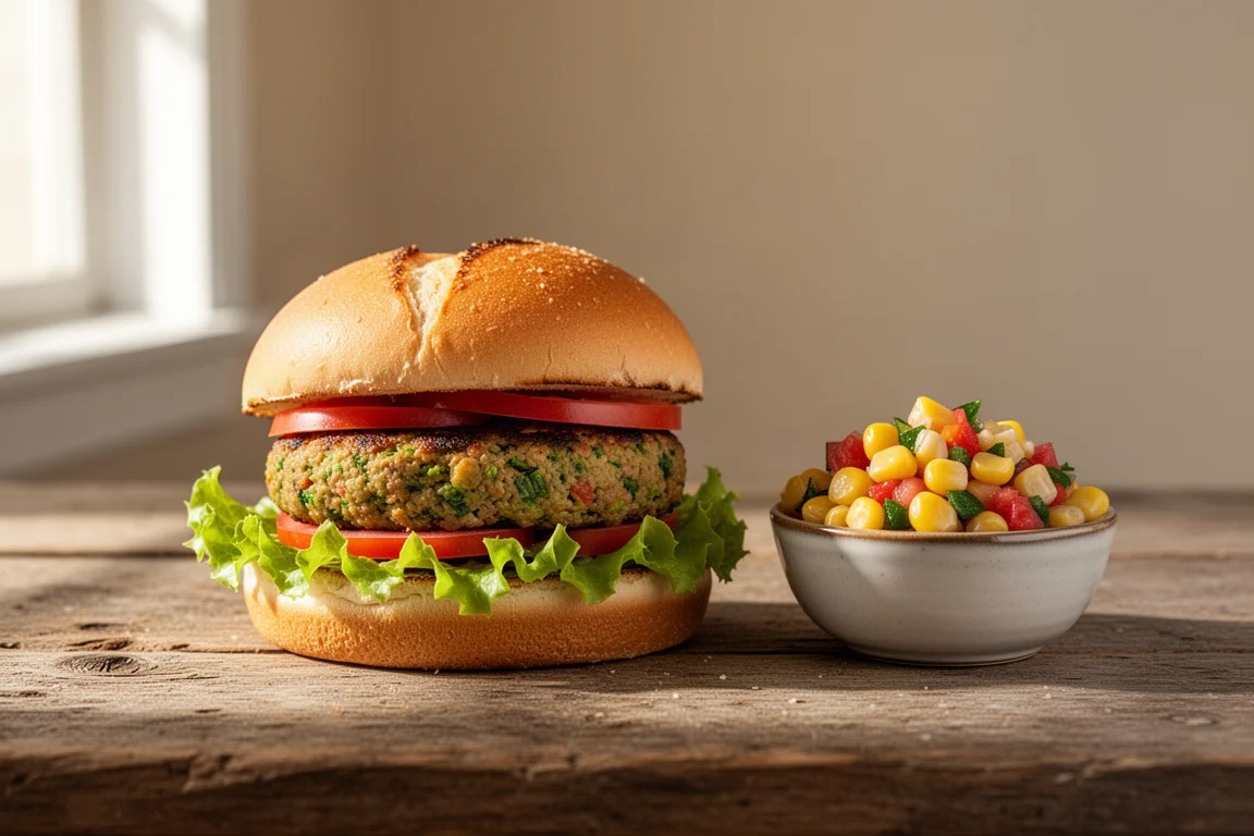 Ein veggie Burger mit Toppings auf einem Holztisch
