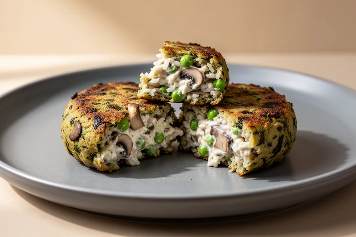 Nahaufnahme eines Pilz-Erbsen-Veggie-Pattys mit cremiger Textur