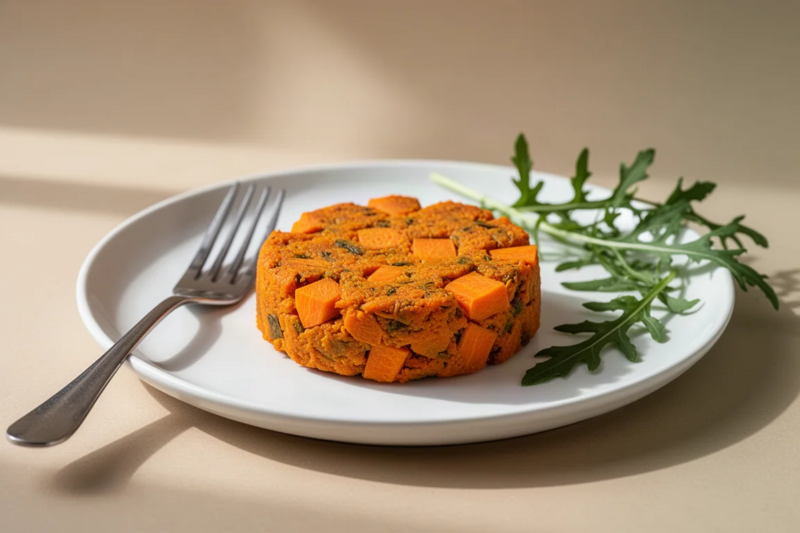 Ein oranger Veggie-Patty mit sichtbaren Stücken von Süßkartoffel und Karotte auf einem Teller