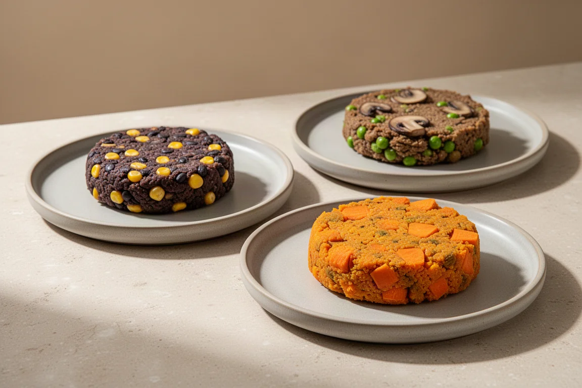 Three veggie burger patties on ceramic plates showing different colors and textures