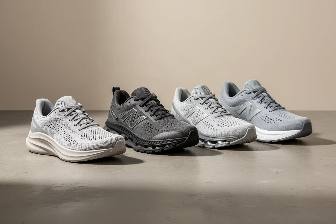 Six road running shoes lined up on a concrete surface in soft studio light
