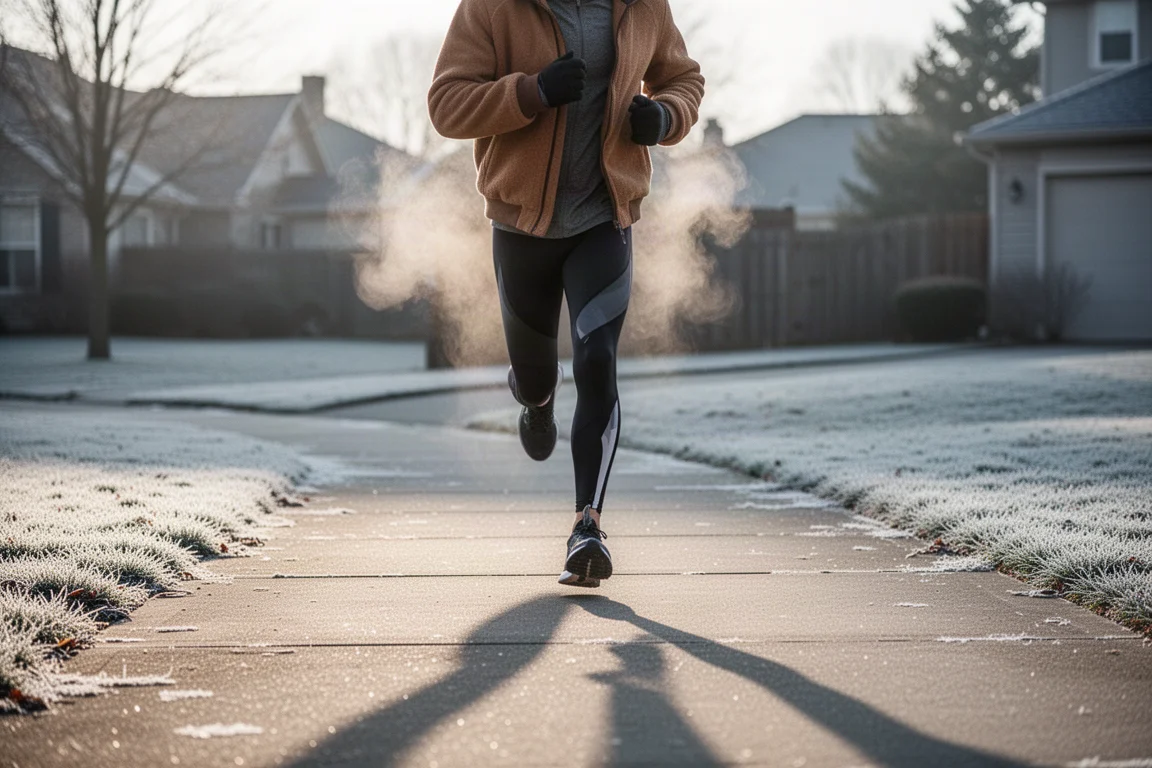 Trail runner jogging on frosty pavement in cold morning light