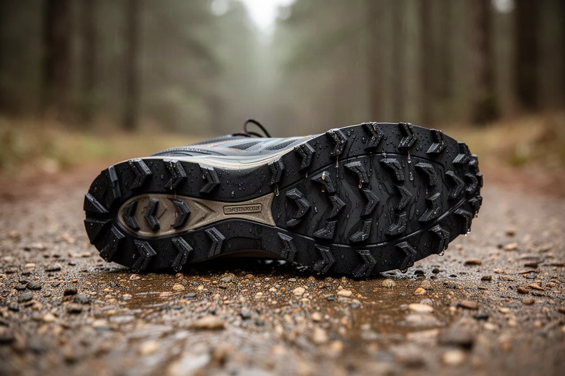 Trail shoe outsole with deep lugs resting on wet gravel trail