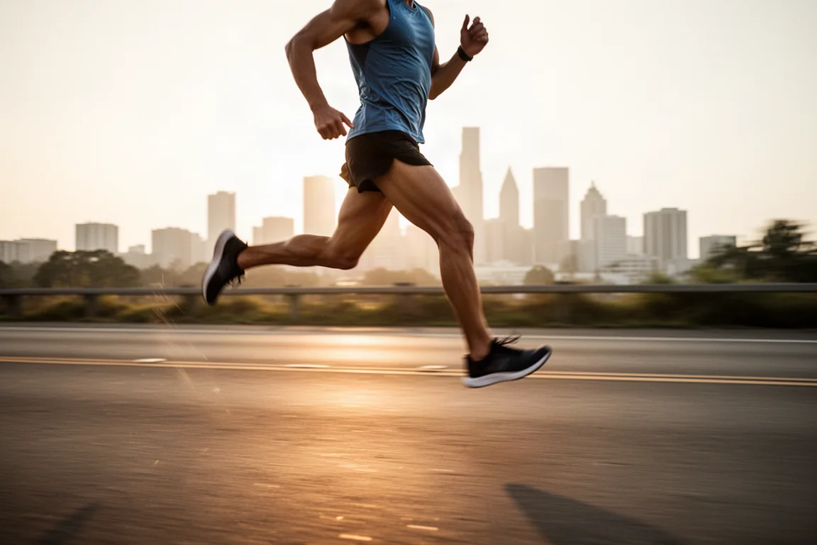 Runner mid-stride on an open road at sunrise in a daily trainer