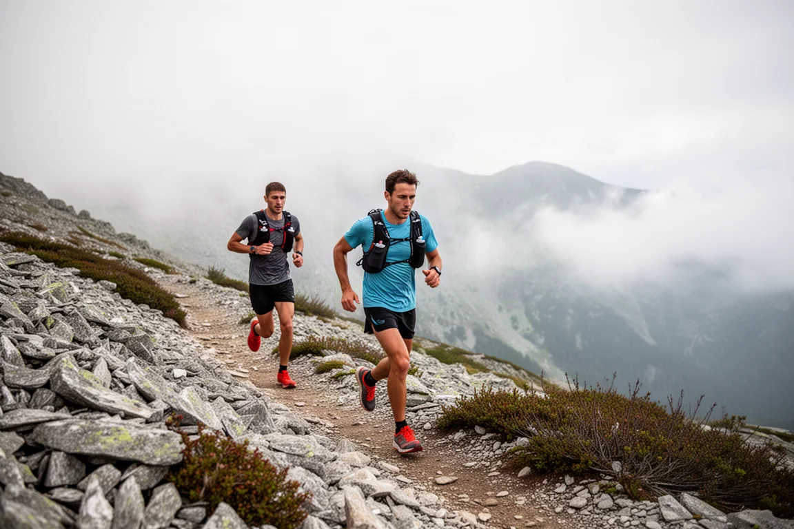 Runner on a rocky mountain trail with a loaded vest under soft overcast light