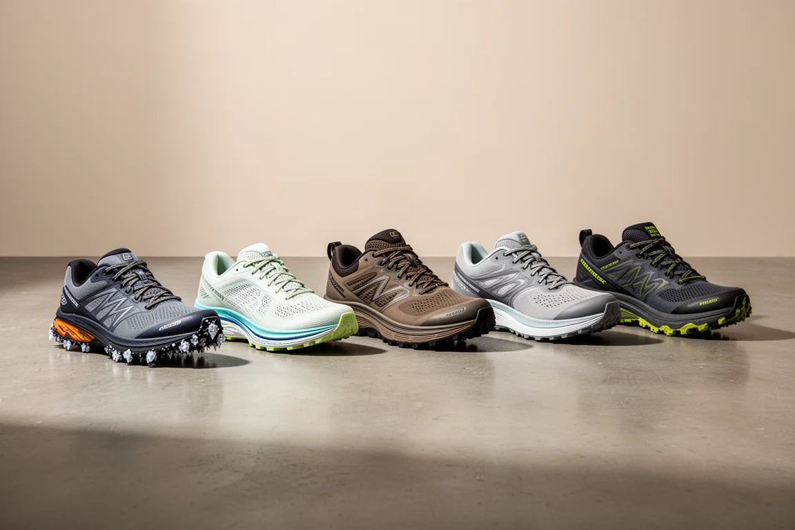 Six running shoes for road, trail, and winter running arranged on a concrete studio floor