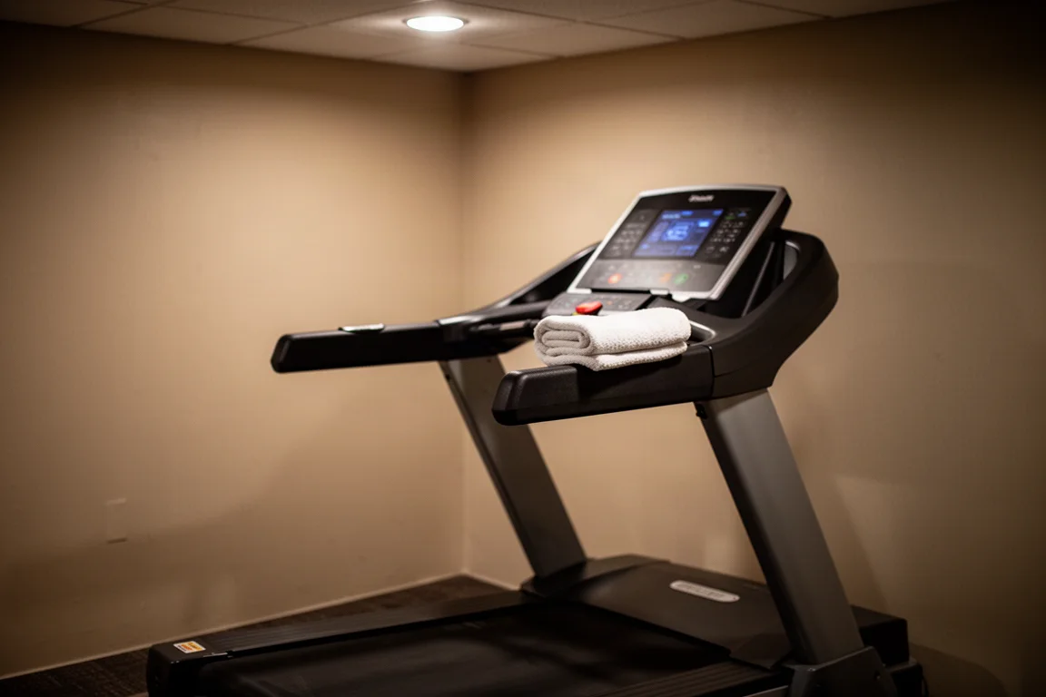 Runner on a treadmill in a hotel gym with limited space