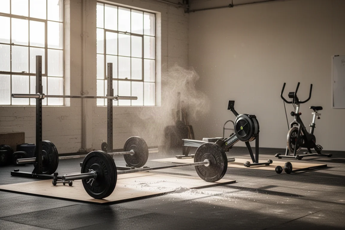 CrossFit style gym with lifting platforms and cardio machines