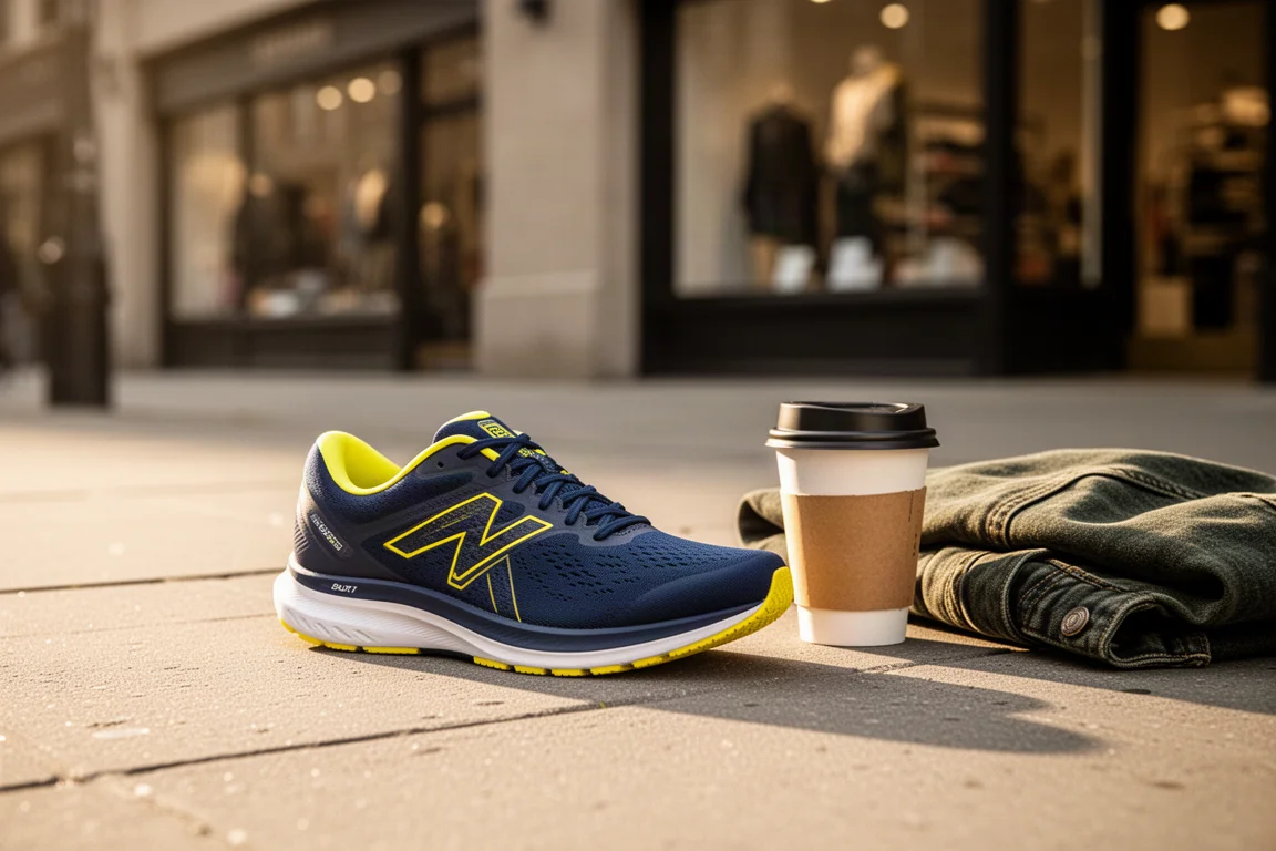 Navy and yellow running shoe styled with casual city wear on pavement