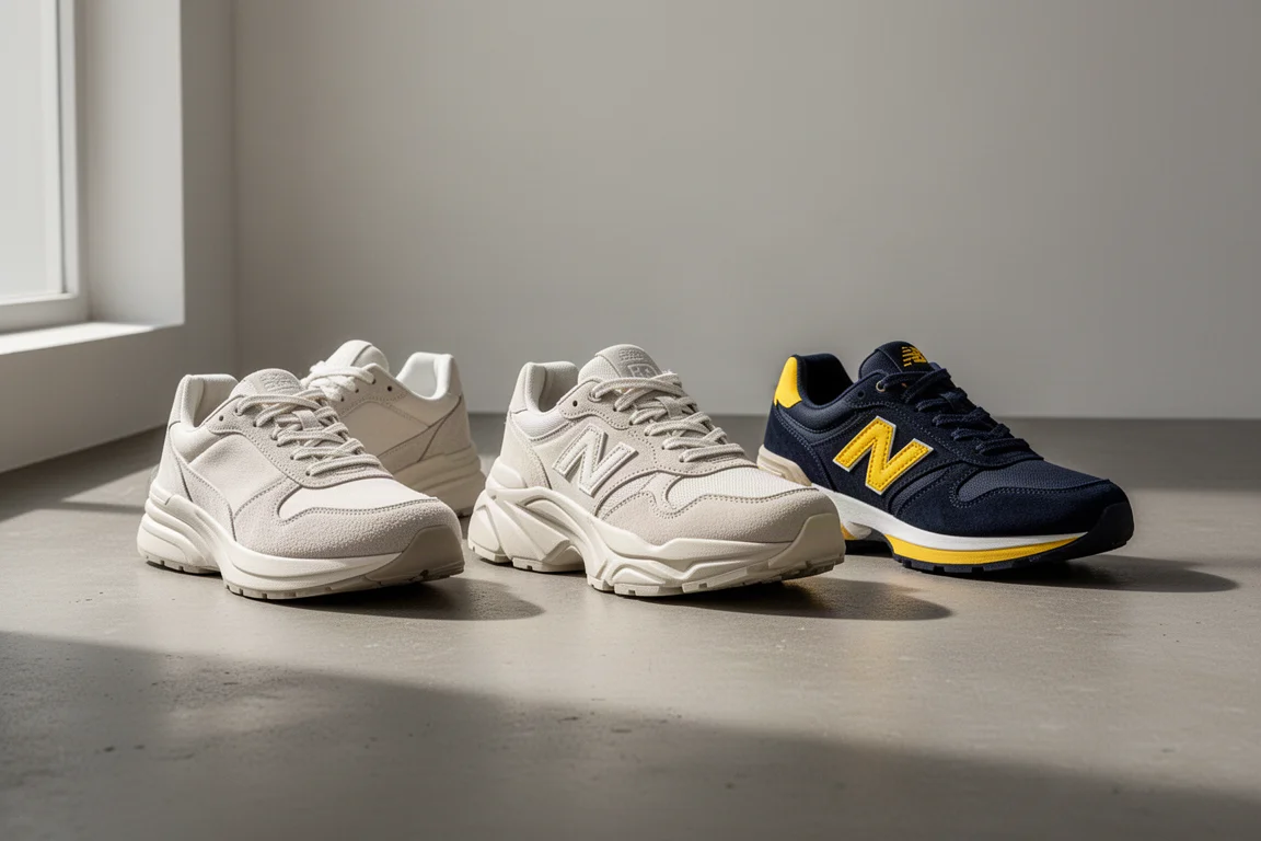 Three running shoes side by side on a concrete surface