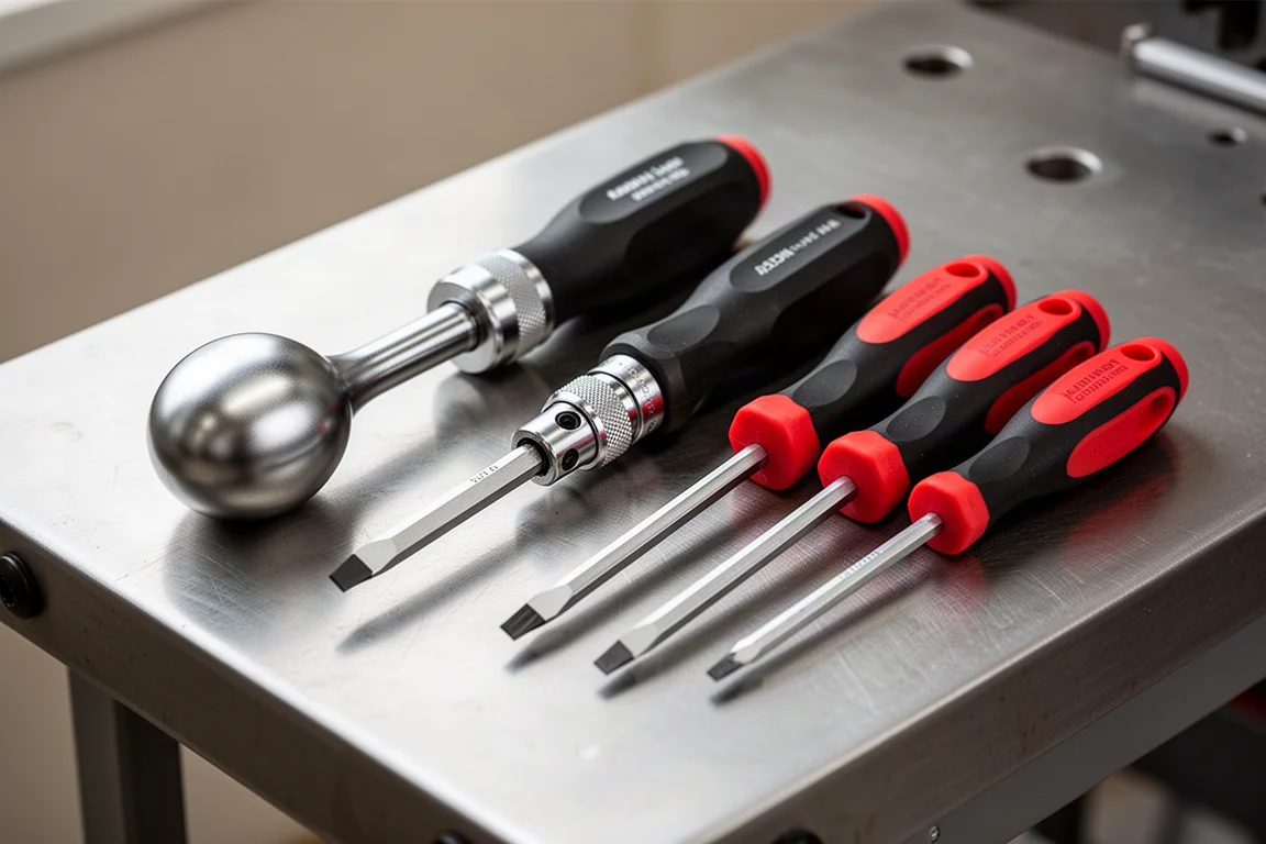 Assortment of premium screwdrivers including a ball grip driver and a ratcheting driver on a steel workbench