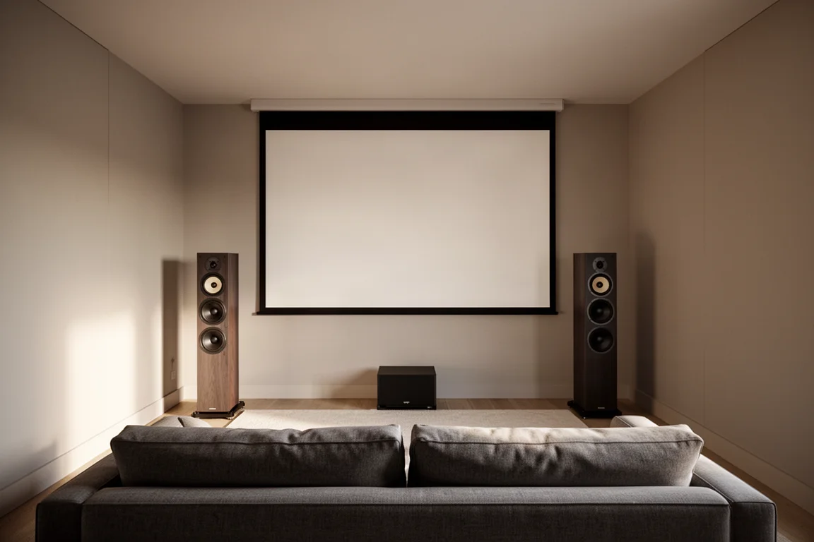 Home theater listening room seen from the main seat with two floorstanding speakers