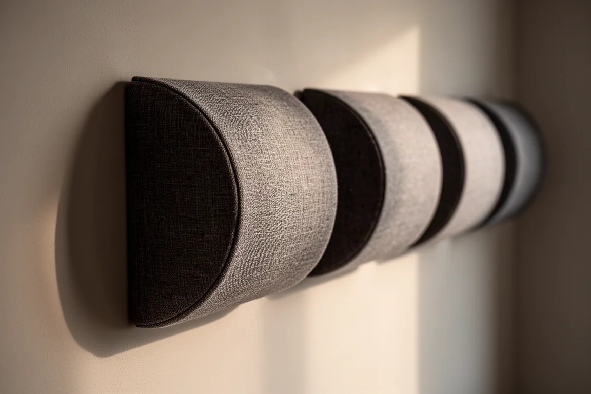 Row of convex acoustic panels on a sidewall in raking light