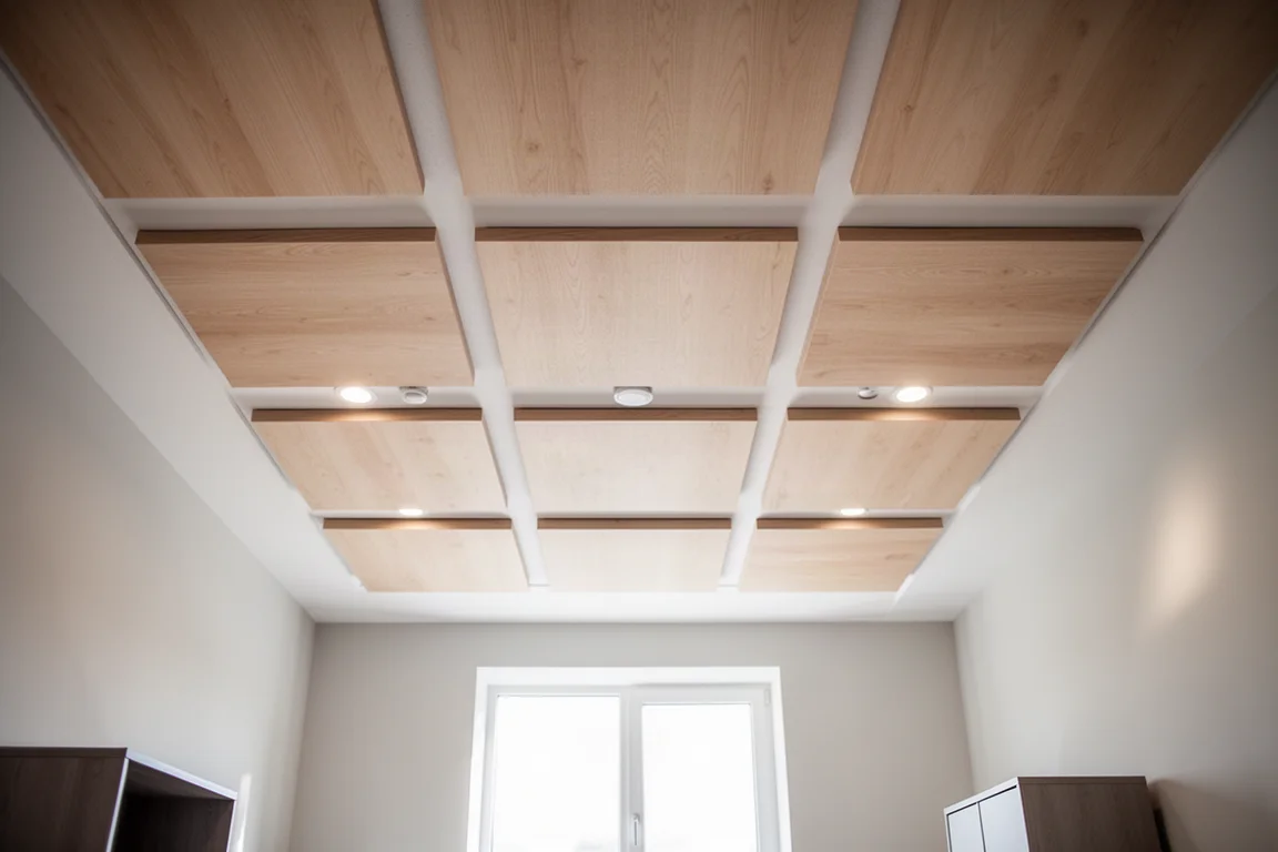 Ceiling treated with a grid of light wood acoustic panels in a minimal room