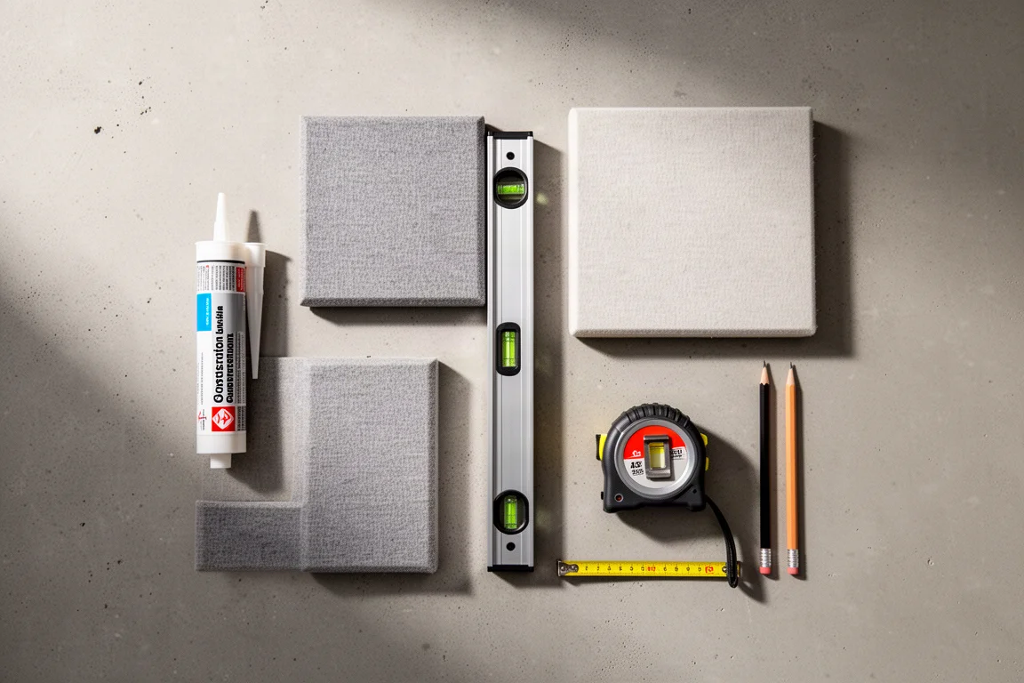 Flat lay of installation tools and two square acoustic panels on concrete