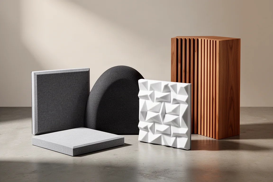 Five acoustic treatment panels in grey, charcoal, white, and wood finishes on a concrete surface