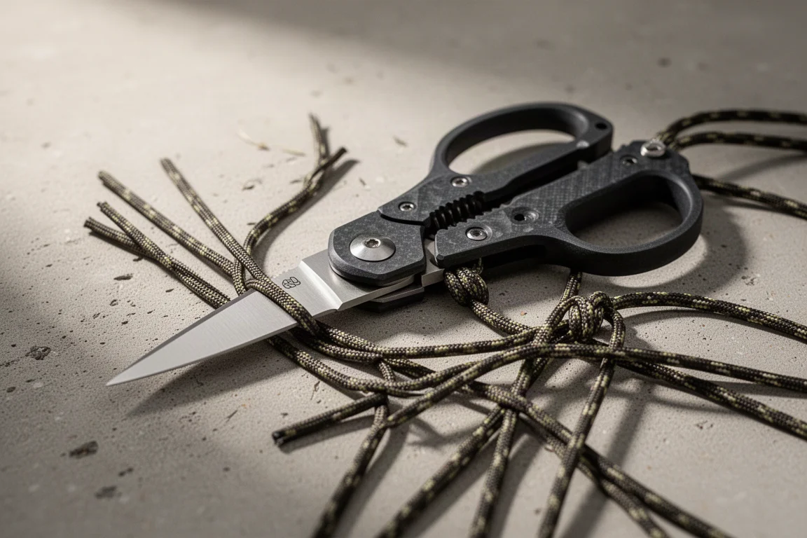 Enorma fjäderbelastade saxar på en fällkniv bredvid avklippt paracord
