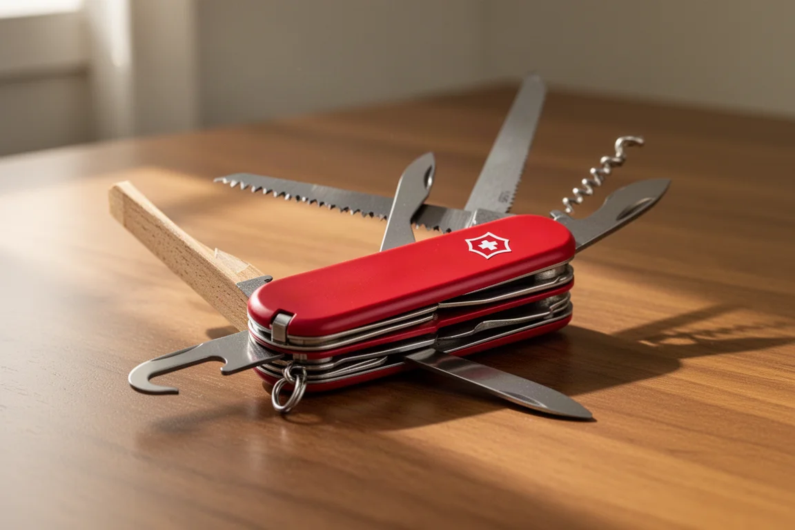 Victorinox Swiss Army zakmes met de houtzaag en haak gedeeltelijk uitgeklapt op een bureau