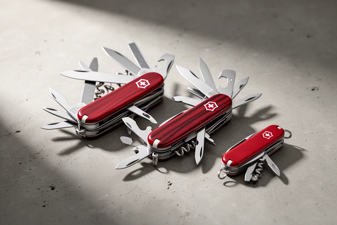 Drie Victorinox Swiss Army zakmessen van verschillende grootte op een betonnen onderdeel
