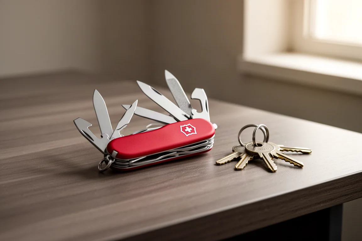 Several Swiss Army knives arranged on a wooden desk next to everyday carry items