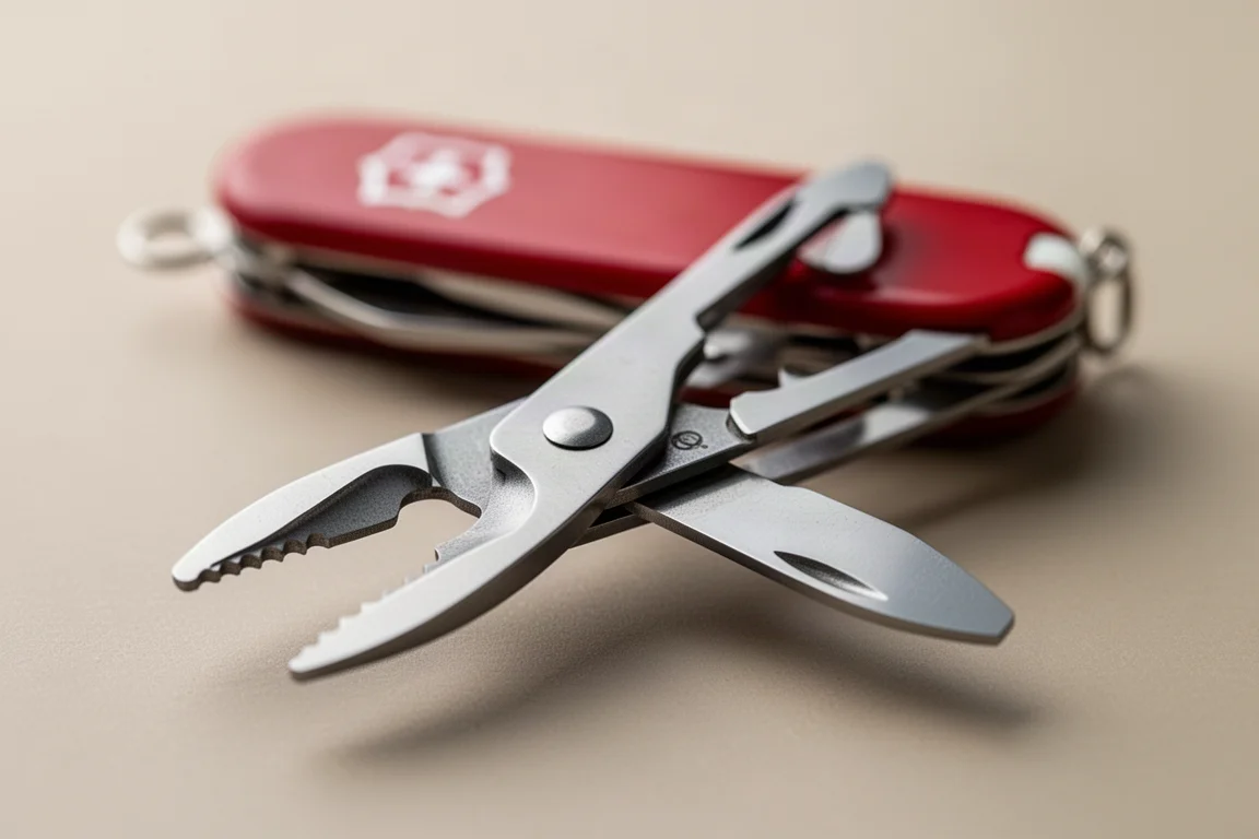 Slim aluminium pocket knife resting on a notebook with a pen