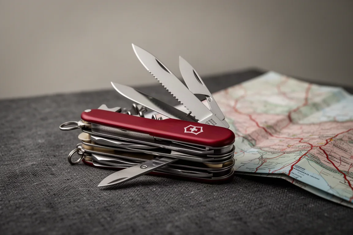 Corkscrew tool of a Swiss Army knife holding a small ferro rod