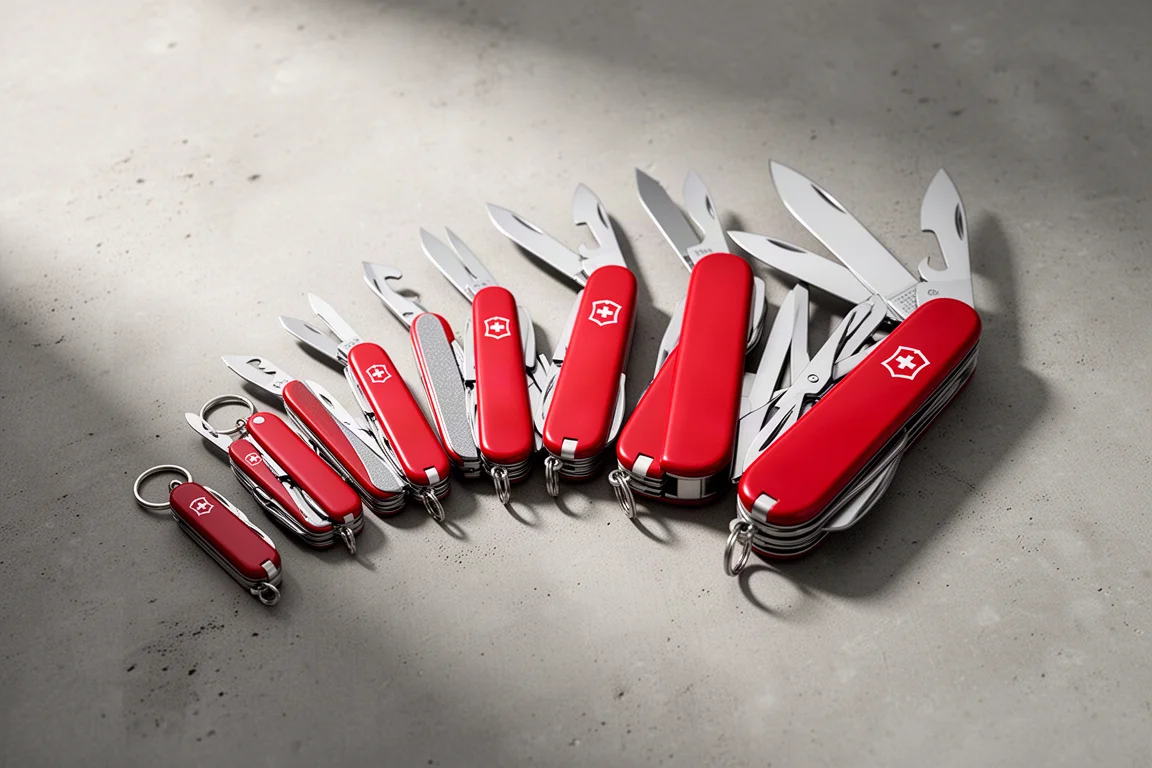Eight Swiss Army pocket knives lined up on a concrete surface with some tools fanned open