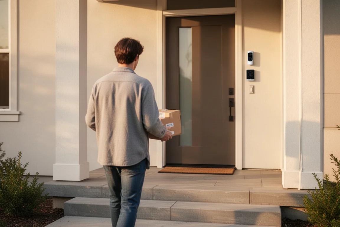 荷物を手に玄関に歩いてくる人物