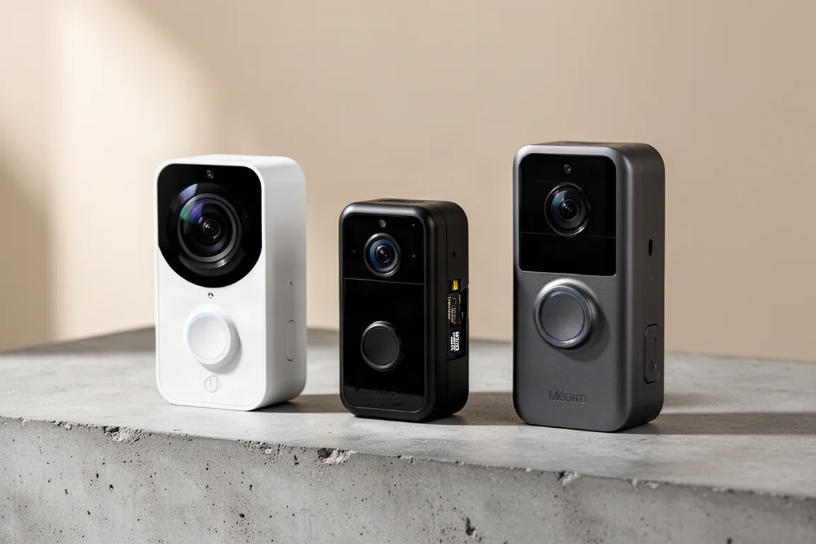 Tre videocitofoni di Ecobee, Wyze e Yui disposti su una superficie di cemento