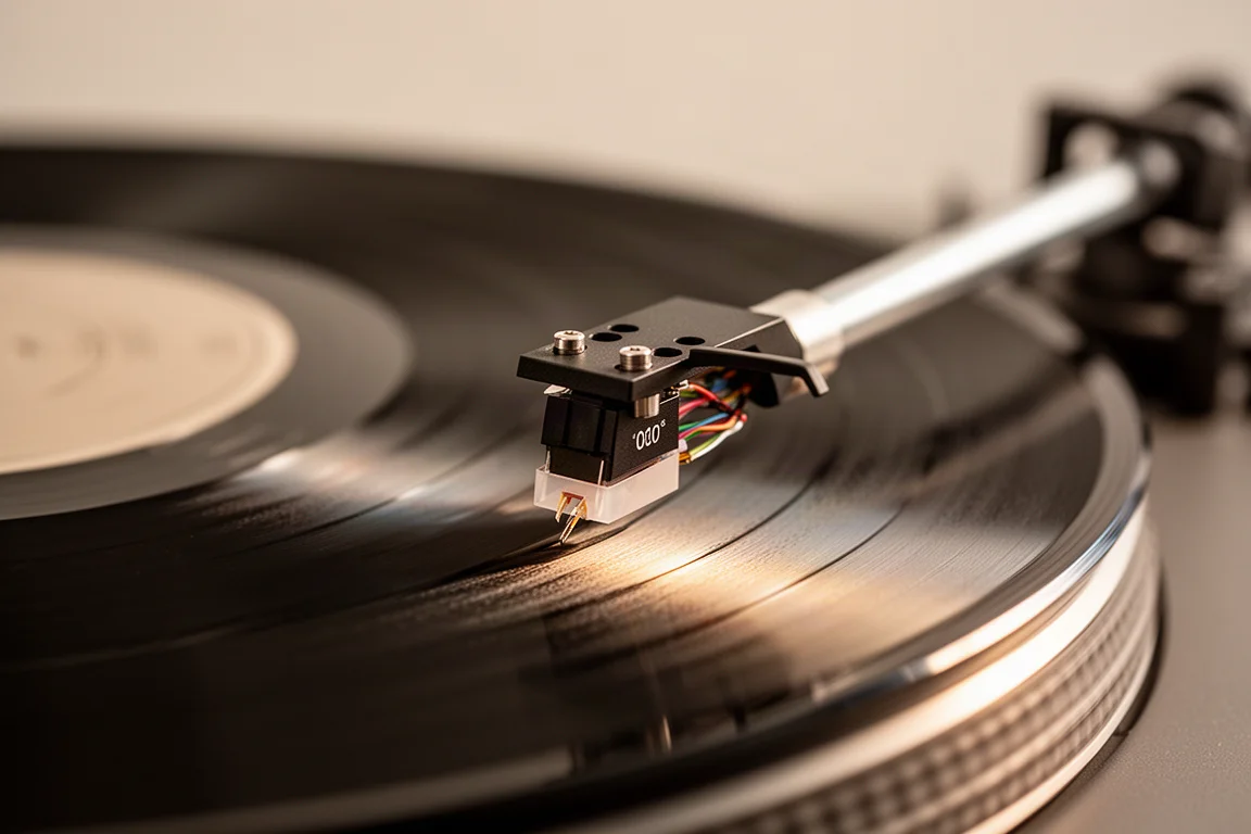 Close-up of a turntable stylus settling into the groove of a spinning vinyl record