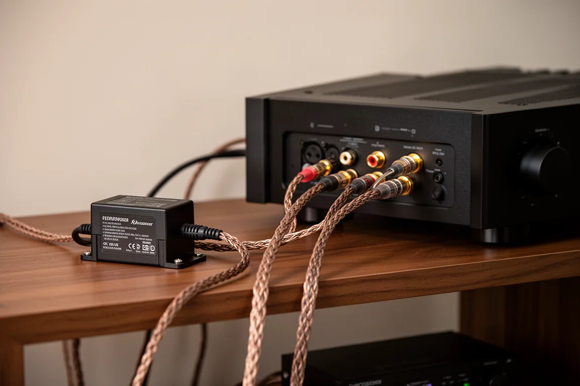 Braided phono cables running from a small transformer into an amplifier on a hi-fi shelf